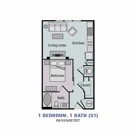 Floor plan for 1 bed, 1 bath, 558 sqft